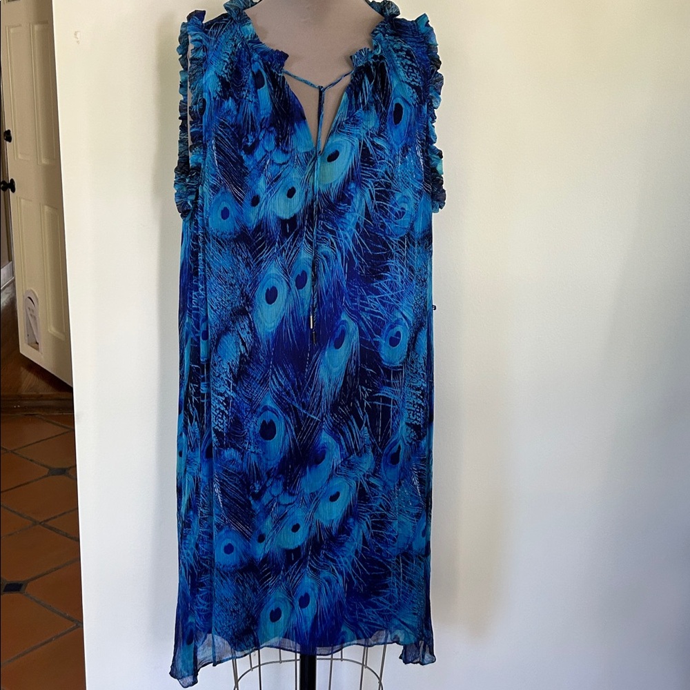 Elie Tahari Blue Feather Print Dress